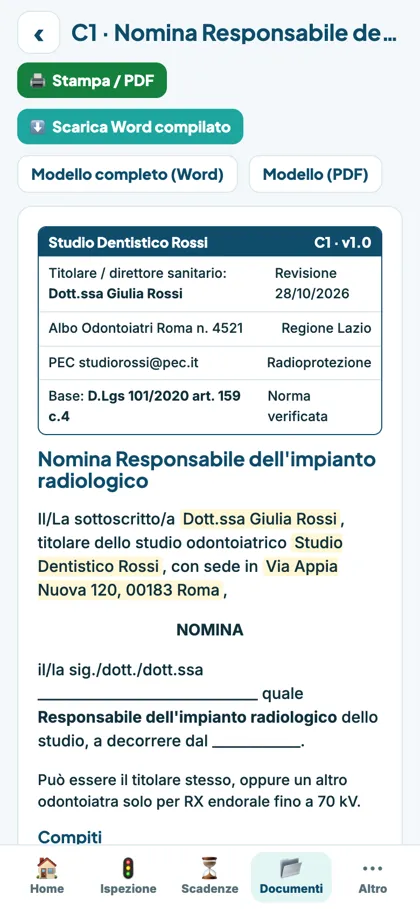 App: documento C1 compilato con i dati dello studio