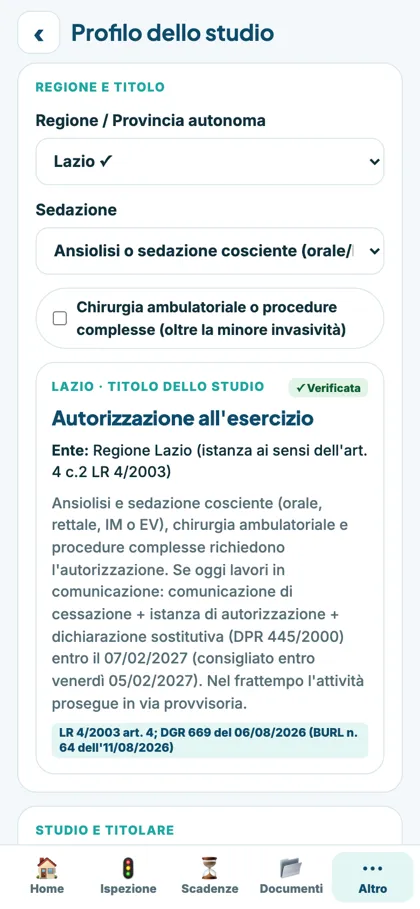 App: profilo dello studio con Regione e sedazione